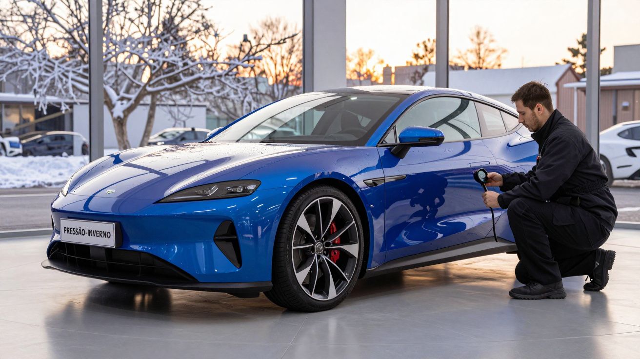 Homem inspeciona um carro elétrico azul num showroom, com paisagem de inverno ao fundo.