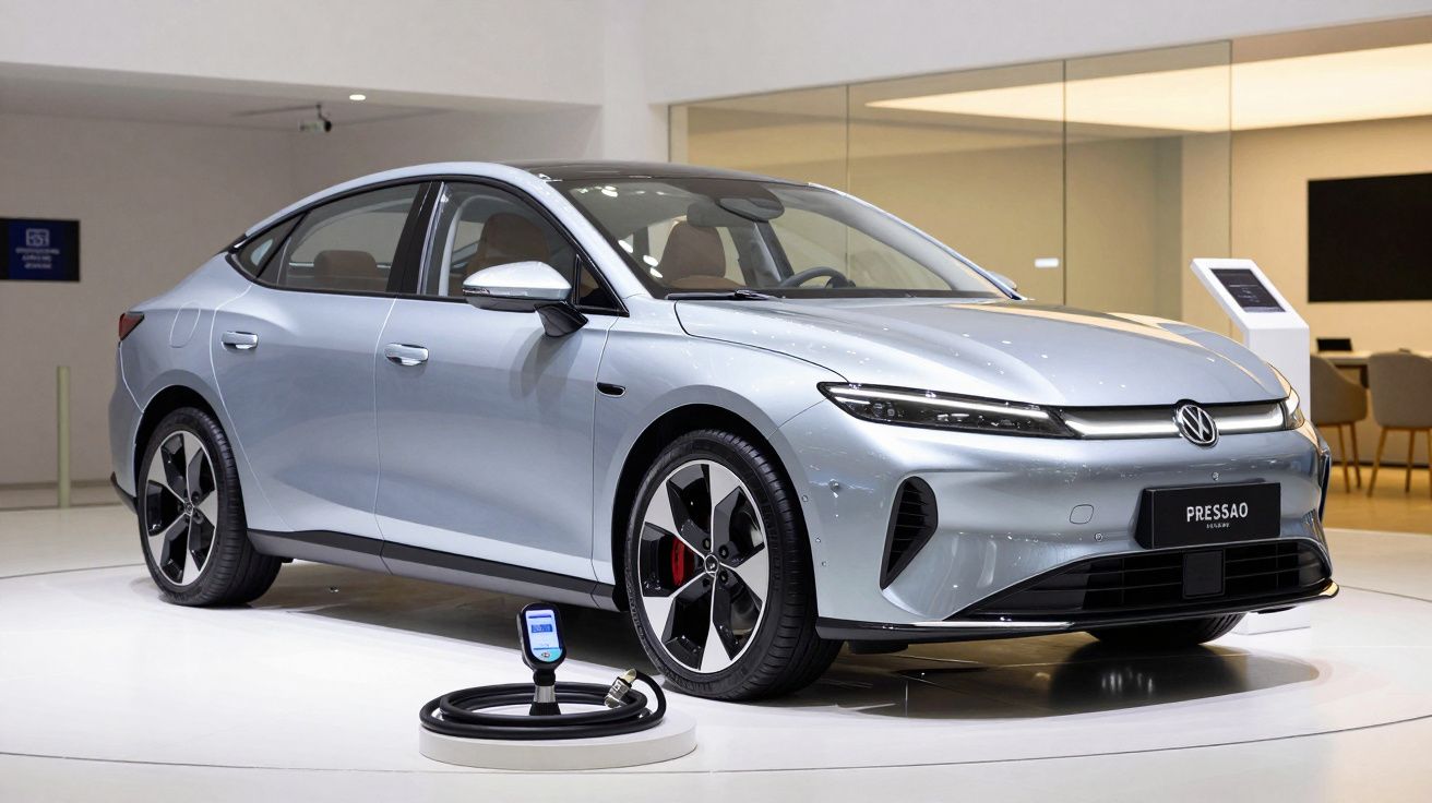 Carro elétrico azul-prateado, modelo sedan, em exibição numa sala moderna, com estação de carregamento à frente.