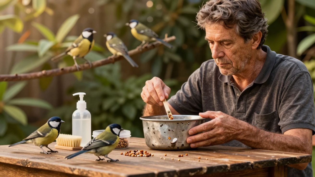 Homem alimenta pássaros num jardim, com sementes e uma tigela sobre uma mesa de madeira e pássaros ao redor.