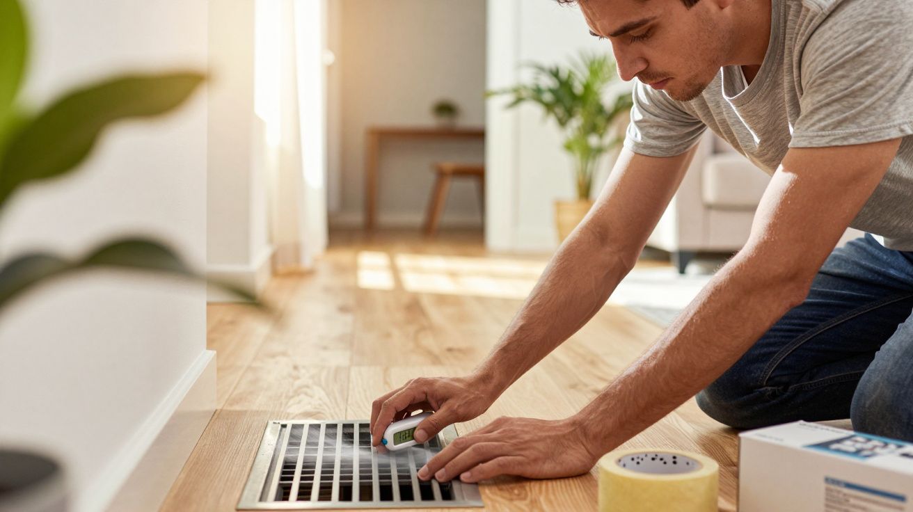 Homem a limpar uma grelha de ventilação no chão de madeira, usando uma escova. Casa iluminada ao fundo.