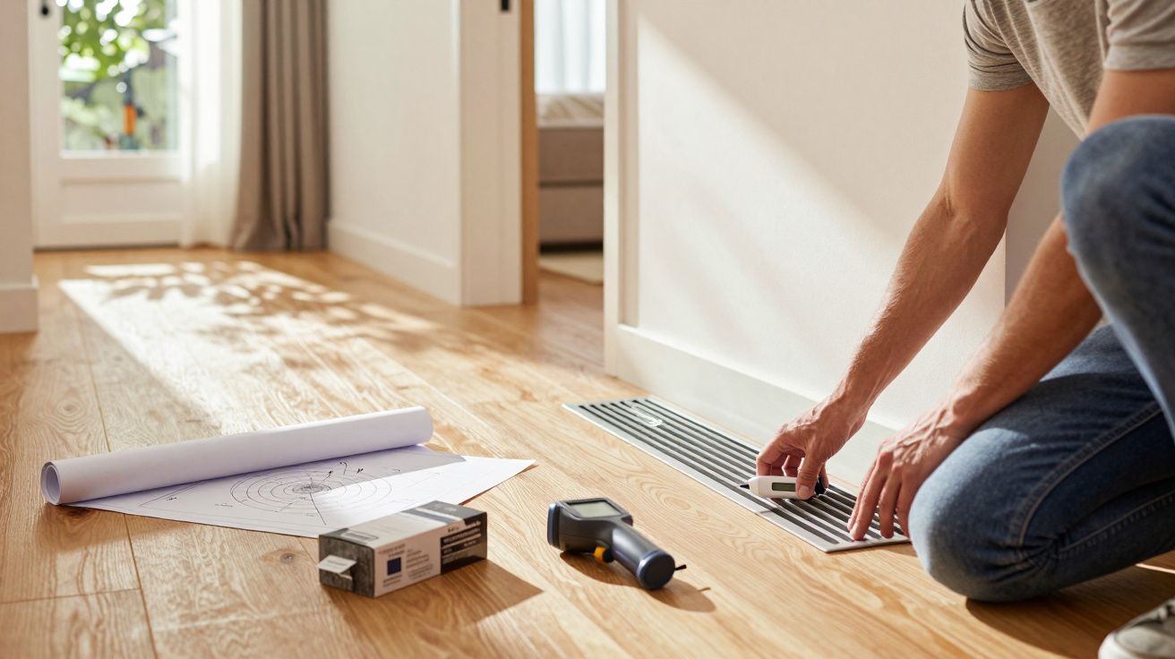 Homem verifica grelha de ventilação no chão de madeira, com ferramentas e planta ao lado.