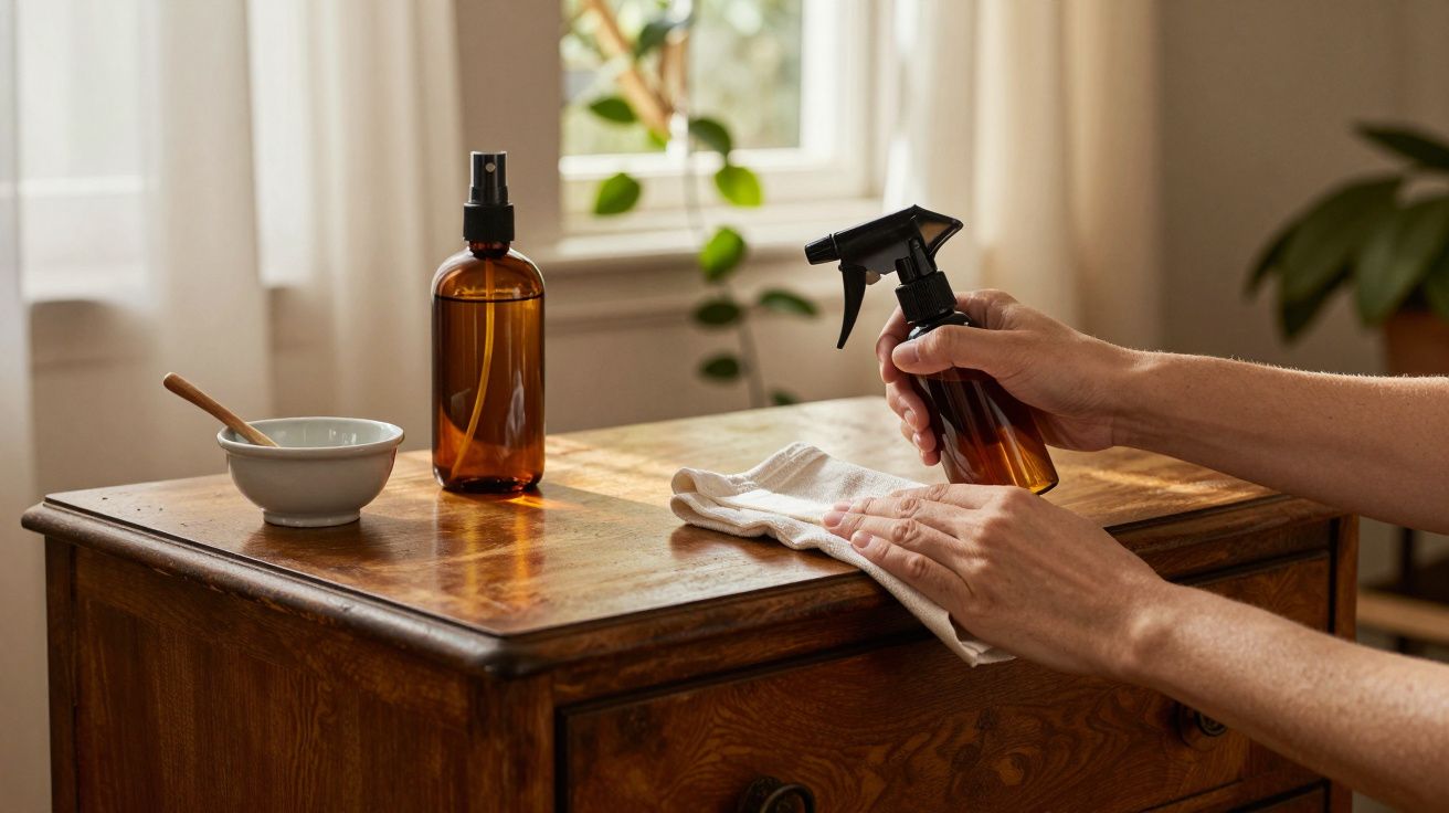 Pessoa a limpar móvel de madeira com spray e pano, ao lado de taça e frasco âmbar, em ambiente iluminado.