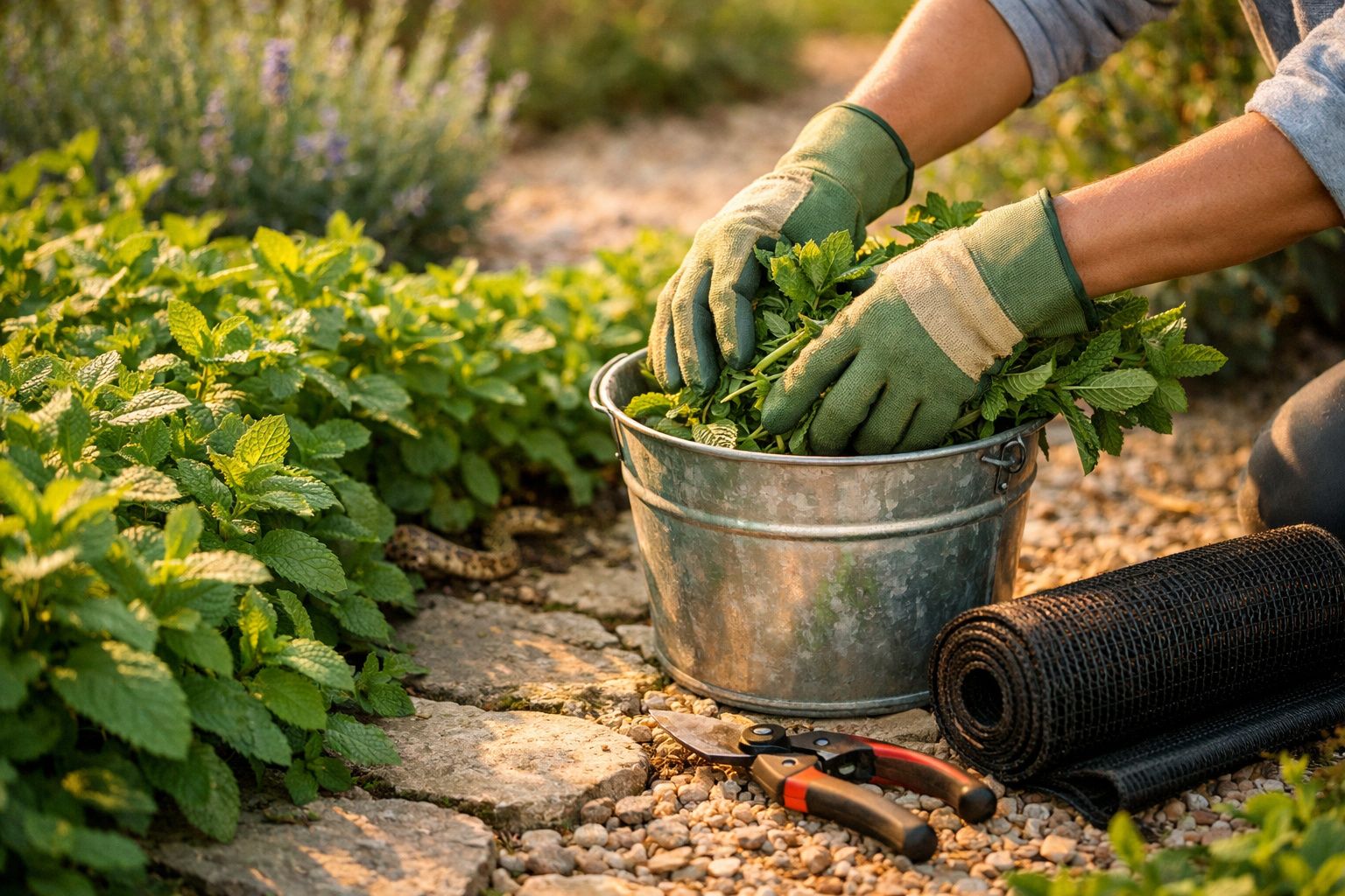 Pessoa usando luvas de jardinagem a cuidar de plantas verdes num jardim, ao lado de um caminho em cimento.