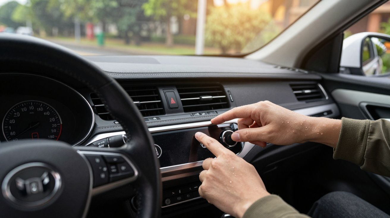 Pessoa ajusta o rádio do carro enquanto conduz numa rua arborizada durante o dia.