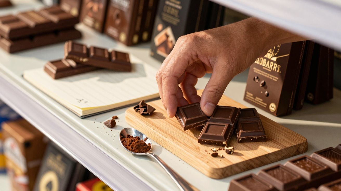 Mão pegando tablete de chocolate em tábua de madeira com colher de cacau ao lado, em bancada com chocolates.