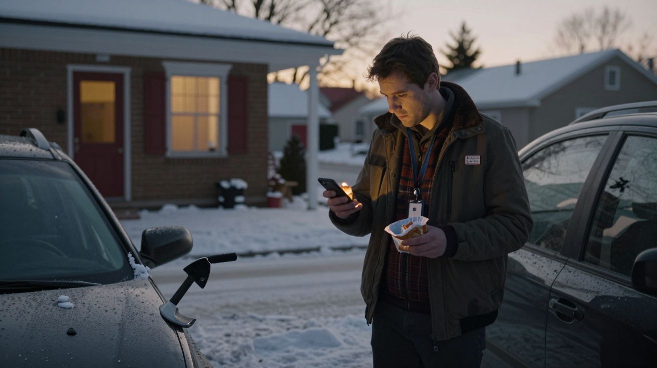 Homem de casaco escuro, à frente de uma casa com neve, vê o telemóvel e segura uma taça.