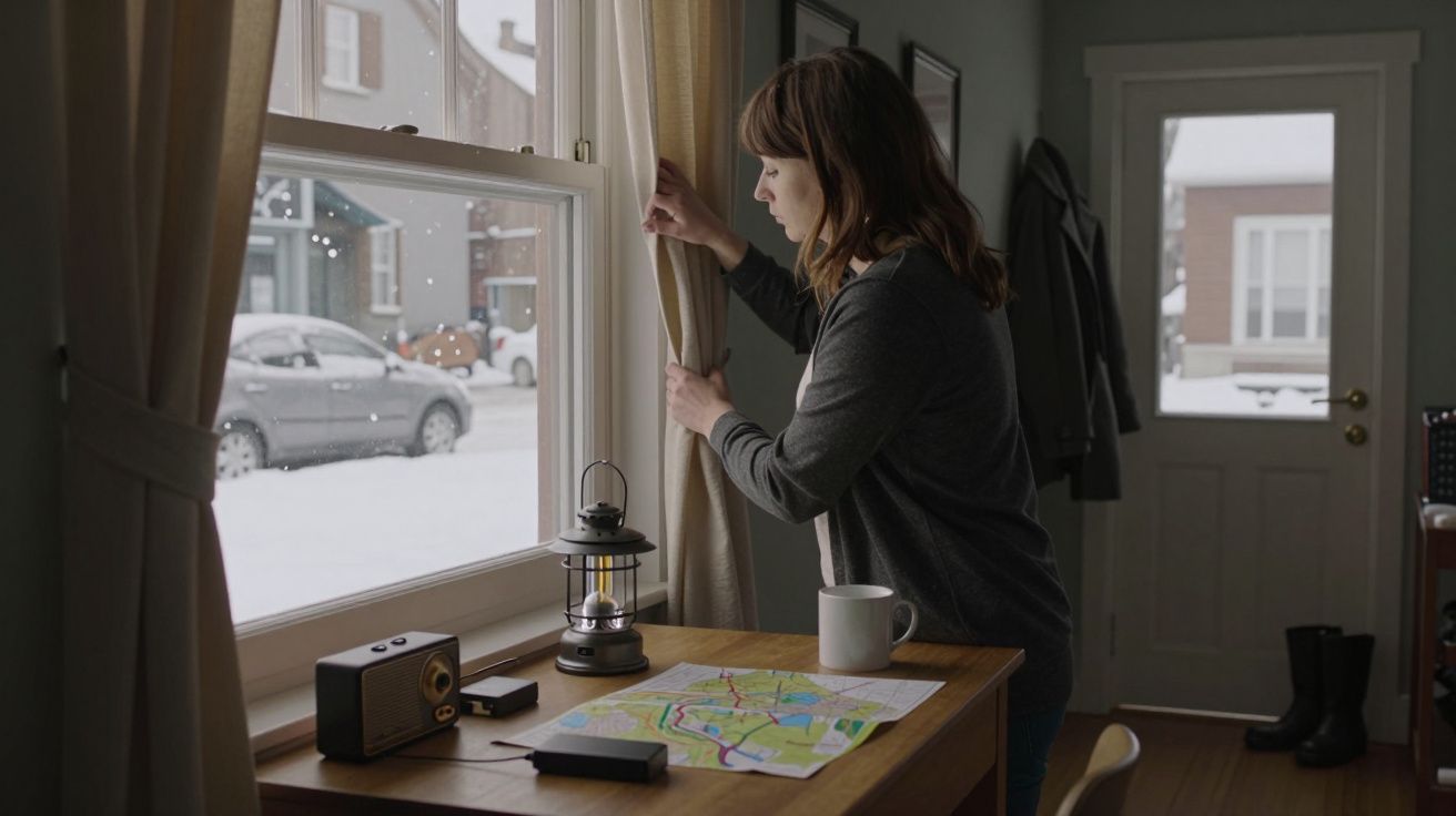 Mulher a fechar cortina, olhando pela janela para rua nevada; mesa com mapa, lanterna, chávena e rádio.