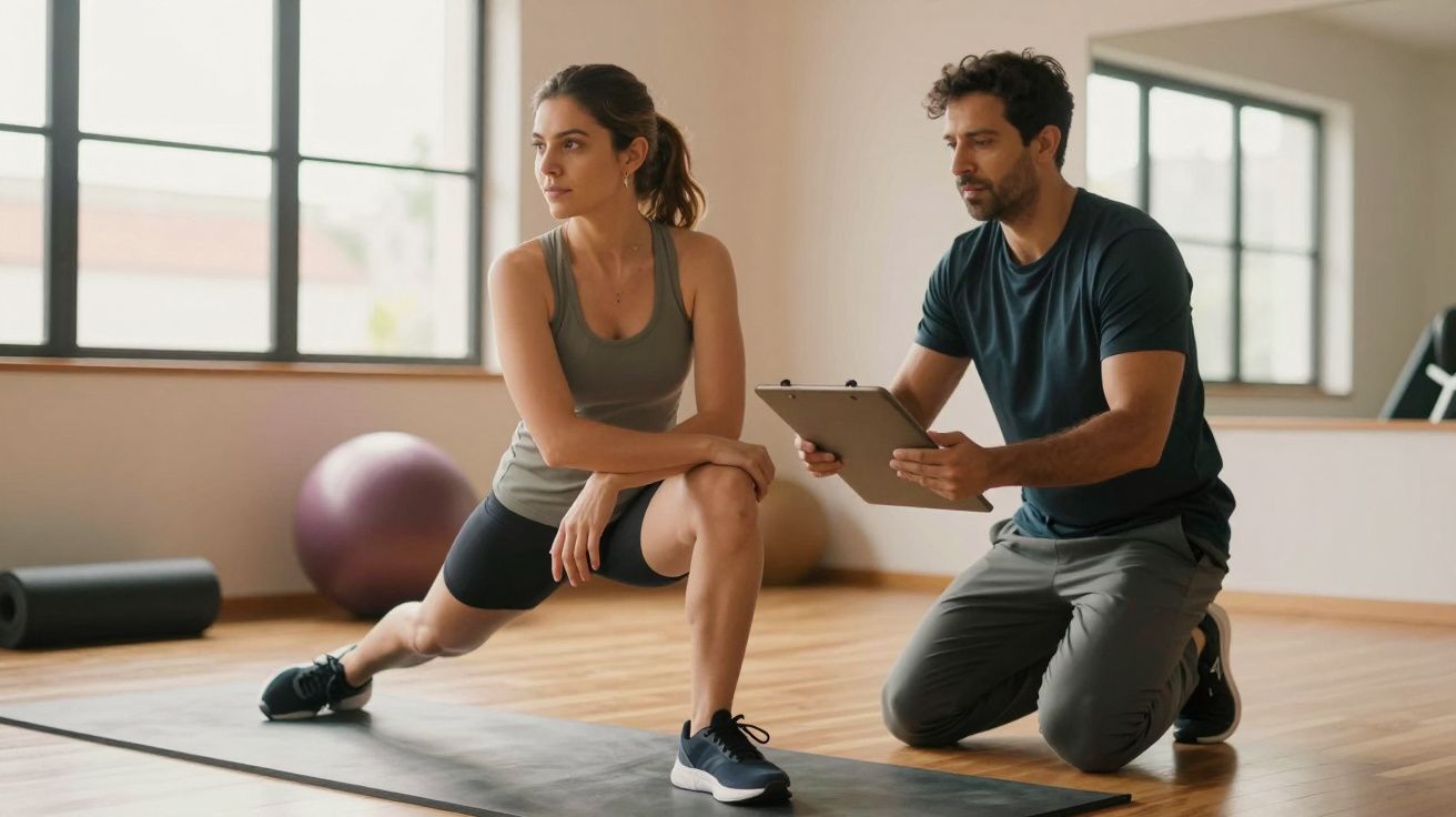 Mulher faz alongamento enquanto treinador observa com uma prancheta numa sala de ginástica iluminada.