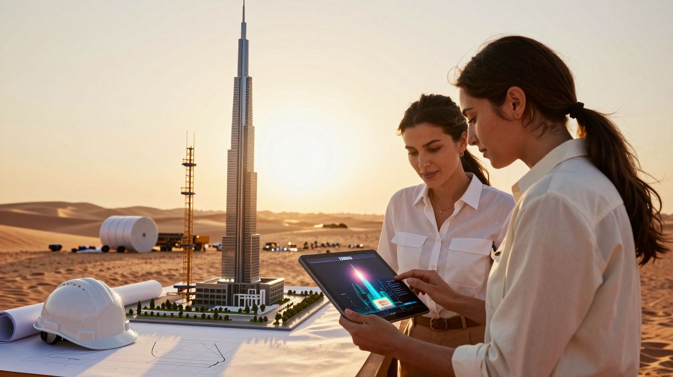 Duas mulheres analisam projeto arquitetónico em tablet, com maquete de arranha-céus no deserto ao fundo.