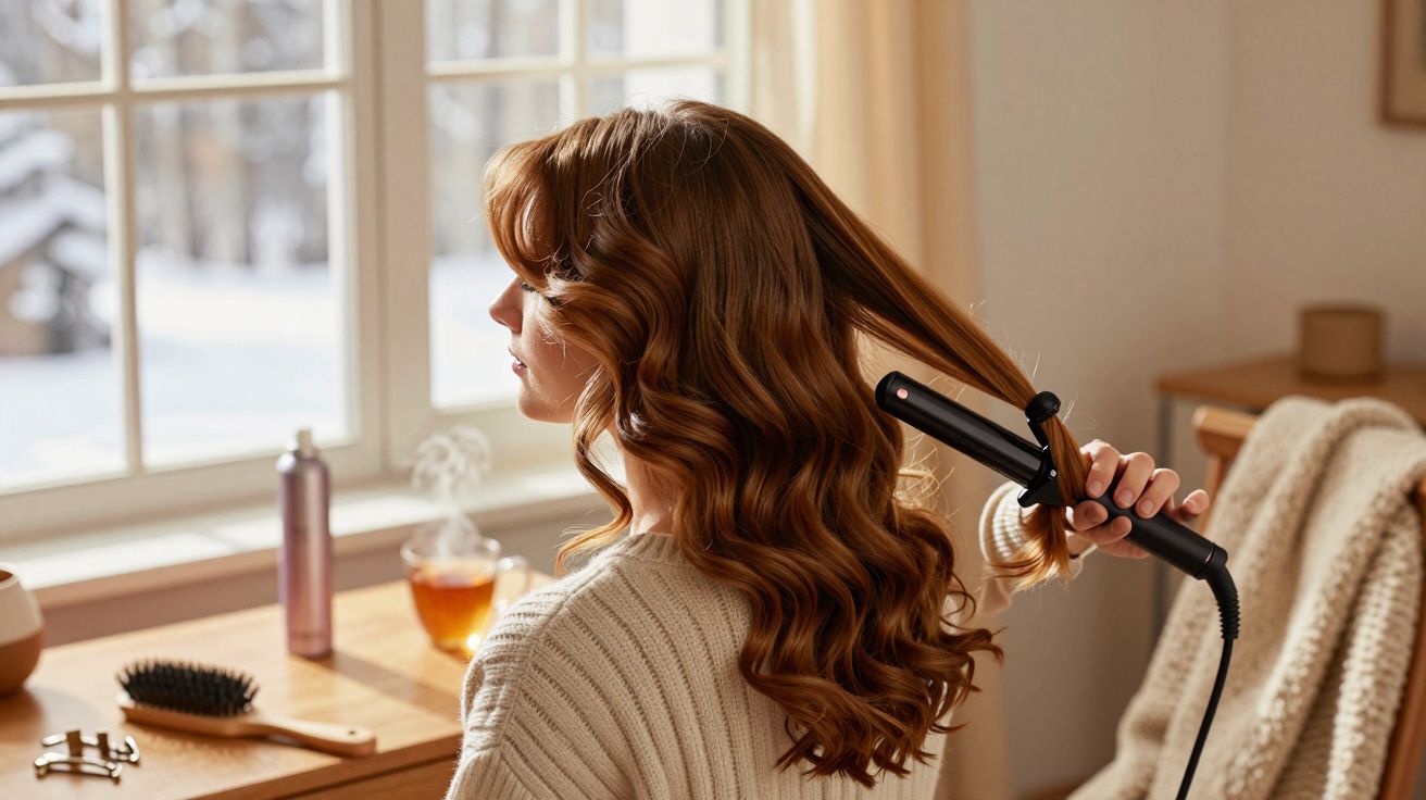 Mulher com cabelo castanho encaracolado usando modelador de cabelo, sentada numa sala iluminada por janela.