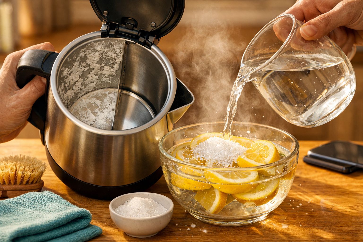 Mãos seguram um ovo quebrado sobre uma panela de inox, com ingredientes ao redor numa mesa de madeira.