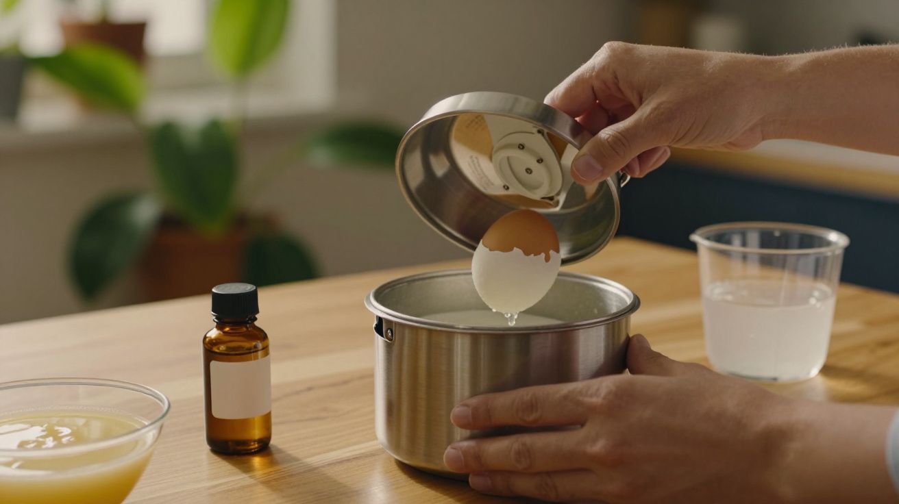 Pessoa a colocar meio ovo em líquido dentro de uma panela metálica, com ingredientes ao lado sobre a mesa de madeira.