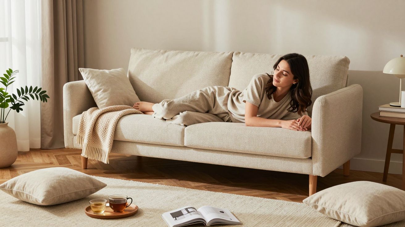 Mulher deitada num sofá bege, com almofadas, chá, revista e plantas numa sala de estar iluminada.