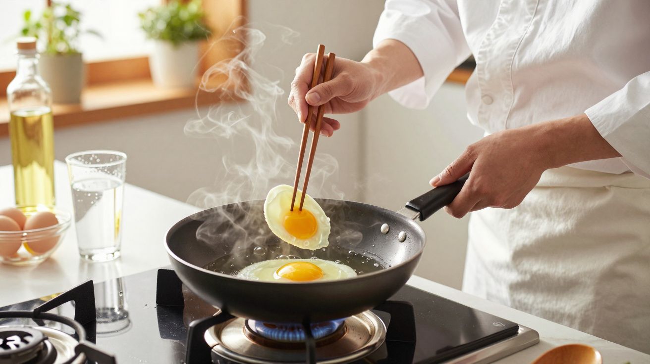 Pessoa cozinha ovo estrelado numa frigideira com pauzinhos numa cozinha iluminada.