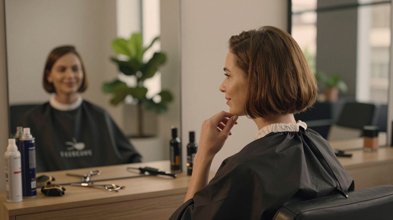 Mulher de cabelo curto observa-se ao espelho num salão de cabeleireiro, cercada por ferramentas e produtos de cabelo.