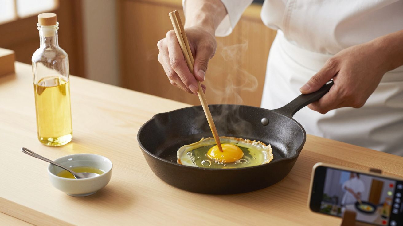 Pessoa a cozinhar ovo numa frigideira com pauzinhos, garrafa de óleo e taça ao lado.