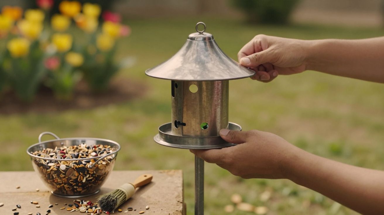 Pessoa a montar comedouro de pássaros em jardim, com sementes numa taça ao lado.