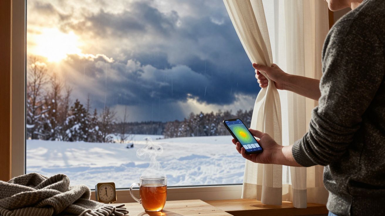 Pessoa segura cortina e telemóvel junto a uma janela com neve lá fora; chá e relógio na mesa.
