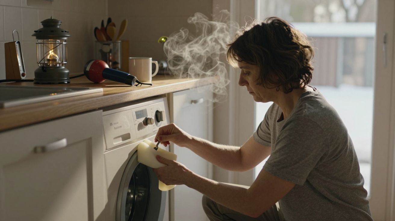 Mulher acende vela de emergência na cozinha junto a uma máquina de lavar, com vapor ao fundo.