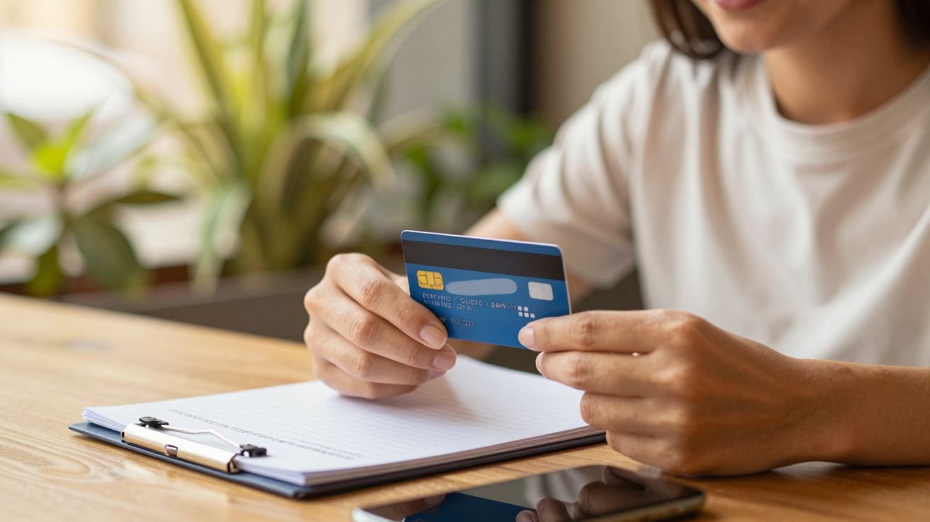 Pessoa segurando um cartão de crédito azul em frente a um caderno sobre uma mesa de madeira.