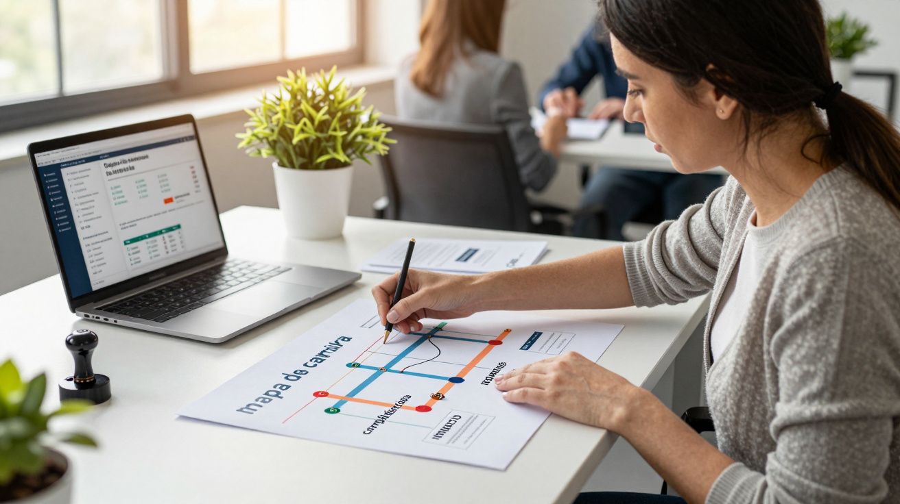 Mulher a trabalhar num gráfico de crescimento, com portátil aberto e documentos em mesa de escritório moderno.