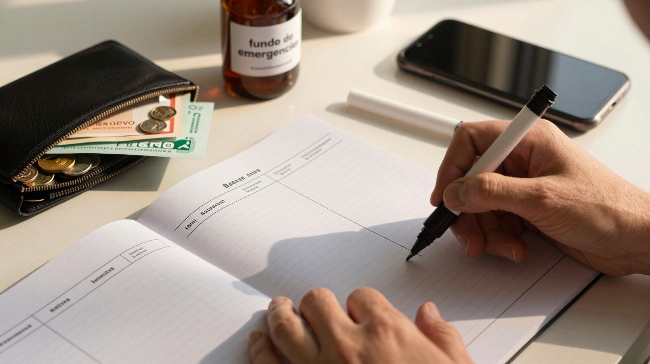Pessoa escreve em caderno de finanças, com carteira e telemóvel próximos em mesa iluminada pelo sol.