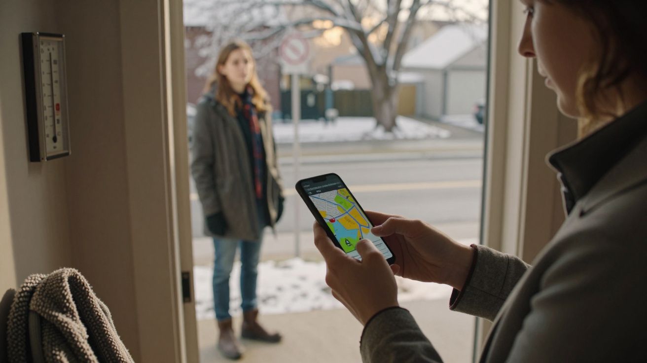 Pessoa dentro de casa com telemóvel mostrando um mapa, enquanto outra pessoa está à porta em pé, neve no chão.