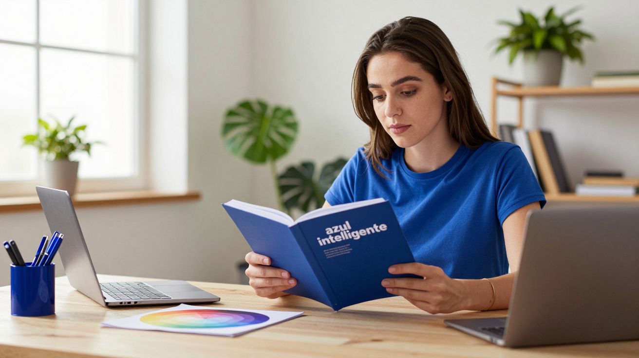 Mulher sentada à mesa lê livro "Azul Inteligente", rodeada por portáteis e plantas, numa sala iluminada.
