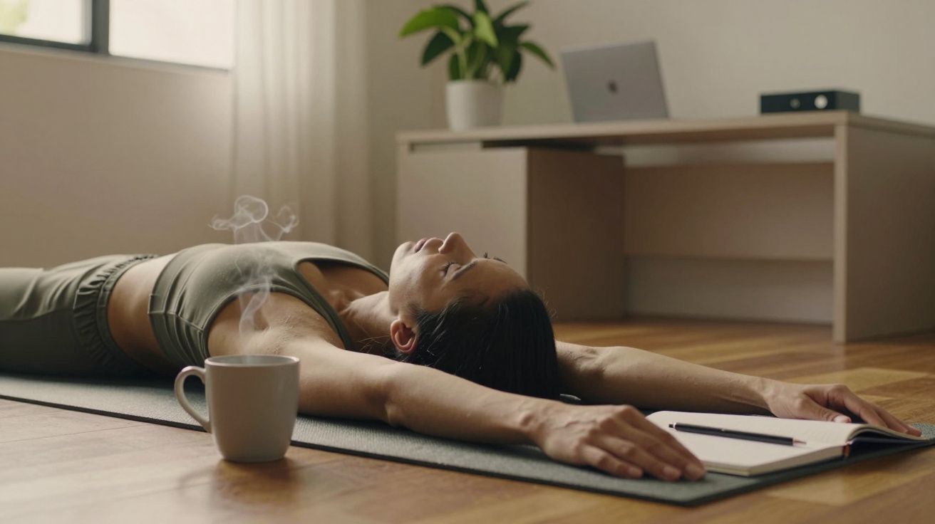 Mulher deitada de costas num tapete de ioga, com chá numa caneca e um caderno ao lado, numa sala iluminada.