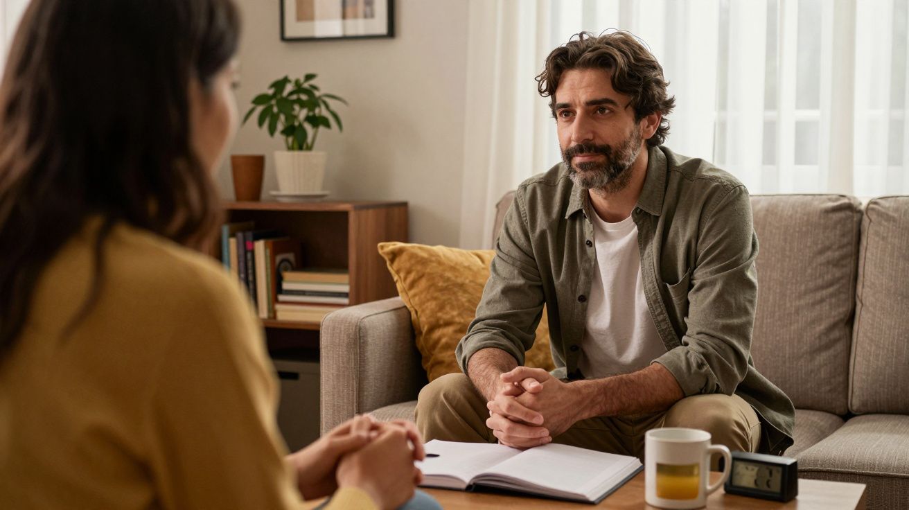 Homem sentado num sofá, em frente a uma mulher, com um caderno aberto e uma caneca sobre a mesa.