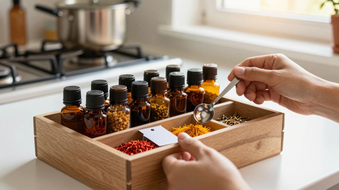 Mão segurando colher sobre caixa de madeira com frascos e especiarias, em cozinha clara com fogão ao fundo.