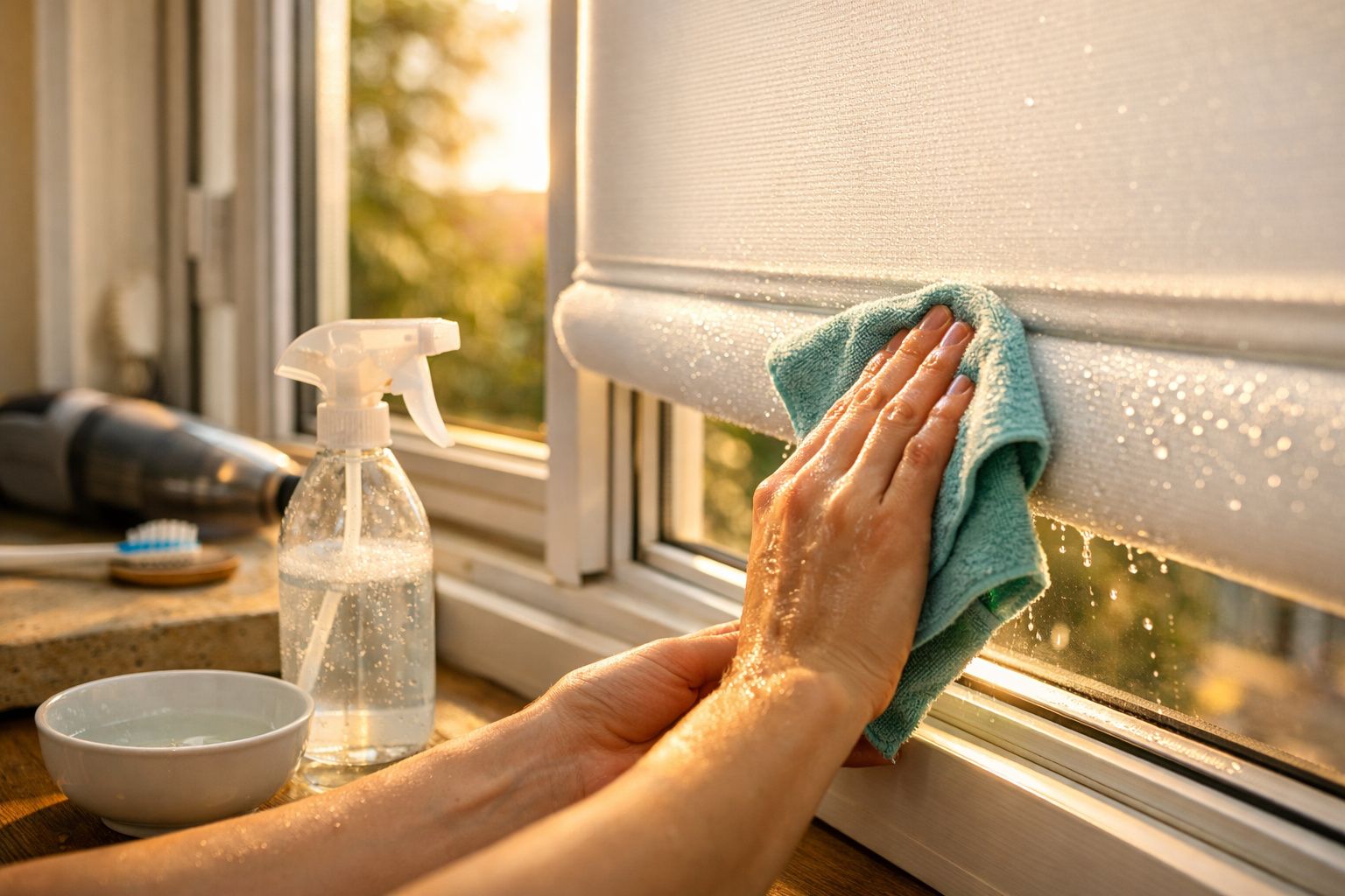 Mãos limpando o parapeito da janela com pano azul; frascos de spray e panos dobrados ao lado.