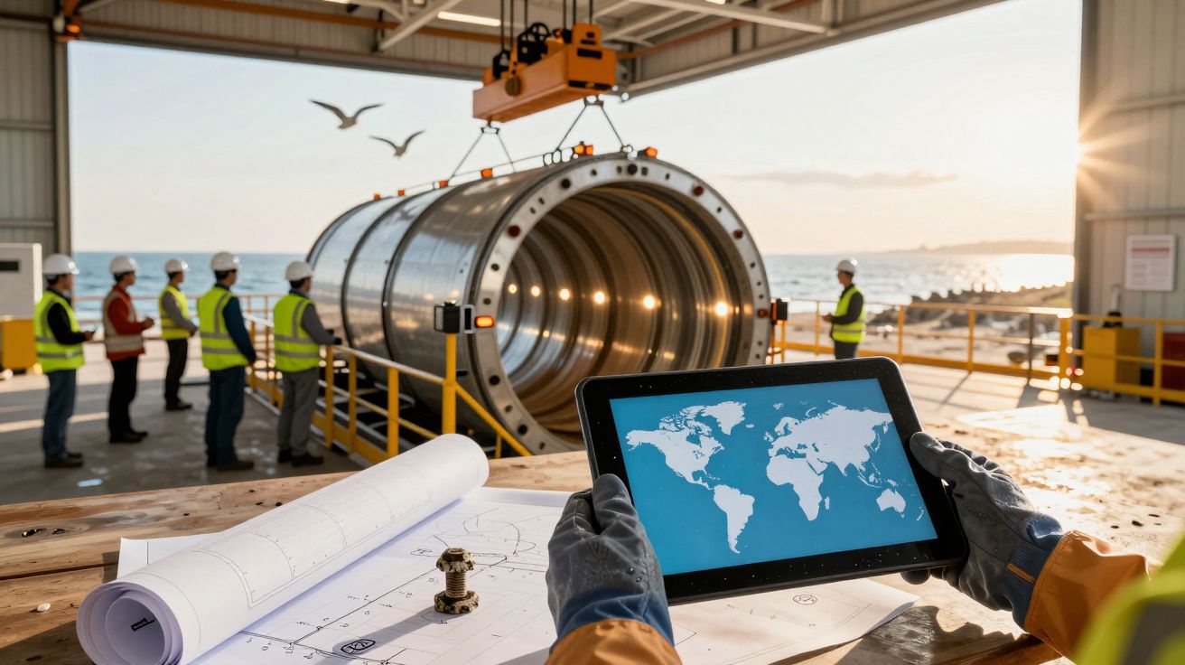 Trabalhadores com capacetes observam transporte de peça metálica gigante; tablet com mapa-múndi e desenhos técnicos visíveis.