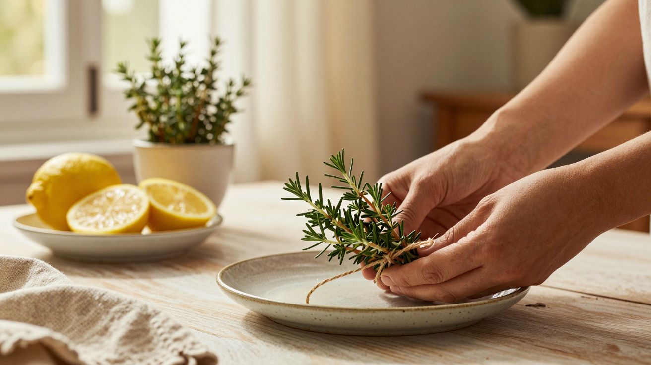 Mãos amarram ramo de alecrim em prato de cerâmica, com limões e vasos ao fundo, numa mesa de madeira clara.