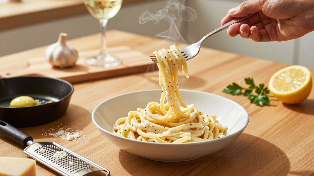 Massa cozida no prato, com garfo levantando, rodeada de ingredientes como alho, limão e ervas numa mesa de madeira.