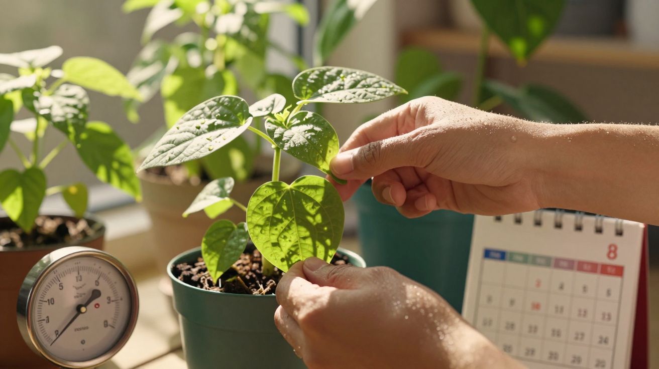 Mãos seguram planta em vaso com calendário e termómetro ao lado, sob luz do sol.