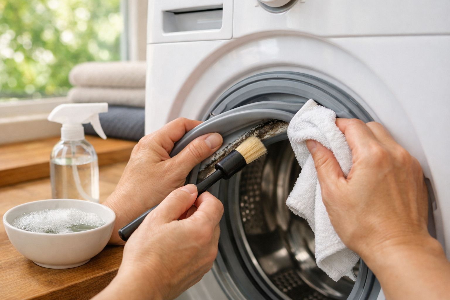 Pessoa a limpar a porta de uma máquina de lavar roupa com uma escova e um pano.
