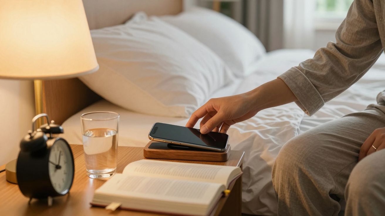 Mão pega telemóvel na mesa de cabeceira com copo de água, despertador, candeeiro e livro aberto ao lado de uma cama.