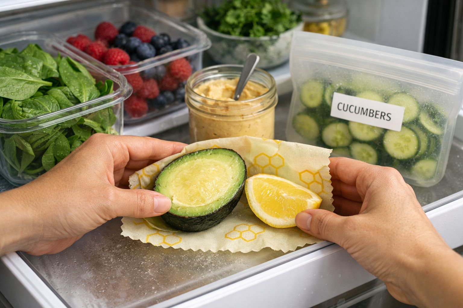 Mãos colocam um abacate cortado ao meio num compartimento do frigorífico, rodeado por outros alimentos.