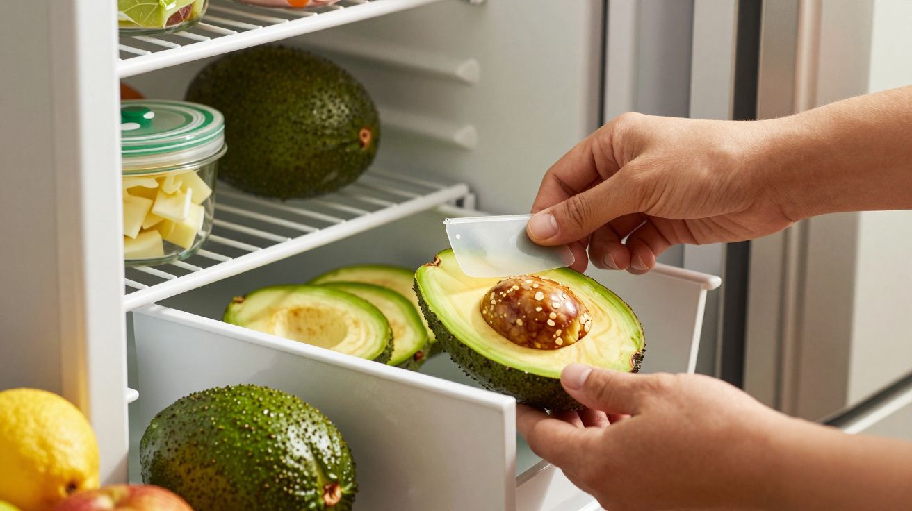Mãos a cobrir metade de um abacate com uma tampa de plástico dentro de um frigorífico.