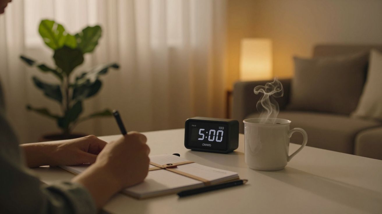 Pessoa escreve em caderno, com chá e um despertador a marcar 5:00. Sala iluminada suavemente com planta ao fundo.