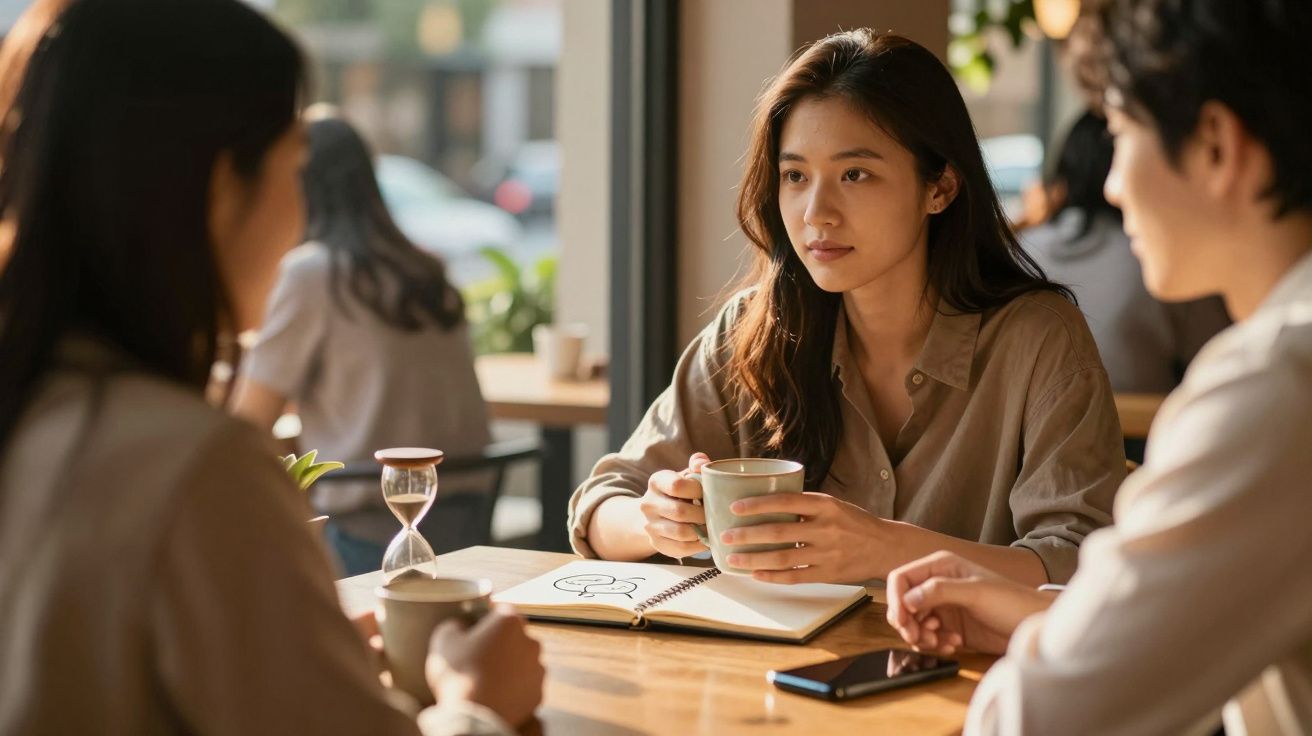 Três pessoas conversam numa mesa de café, segurando chávenas, com caderno e ampulheta no centro.