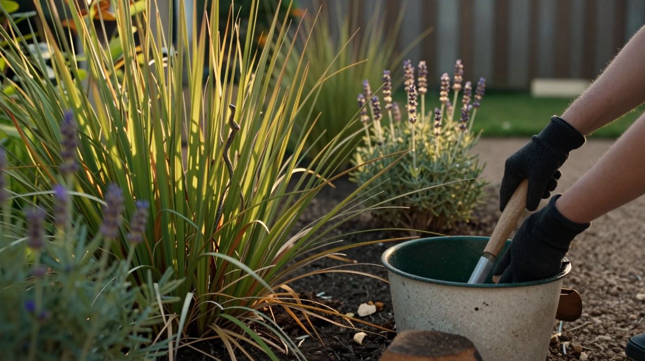 Mãos com luvas de jardinagem segurando uma ferramenta ao lado de plantas e lavanda num jardim bem cuidado.