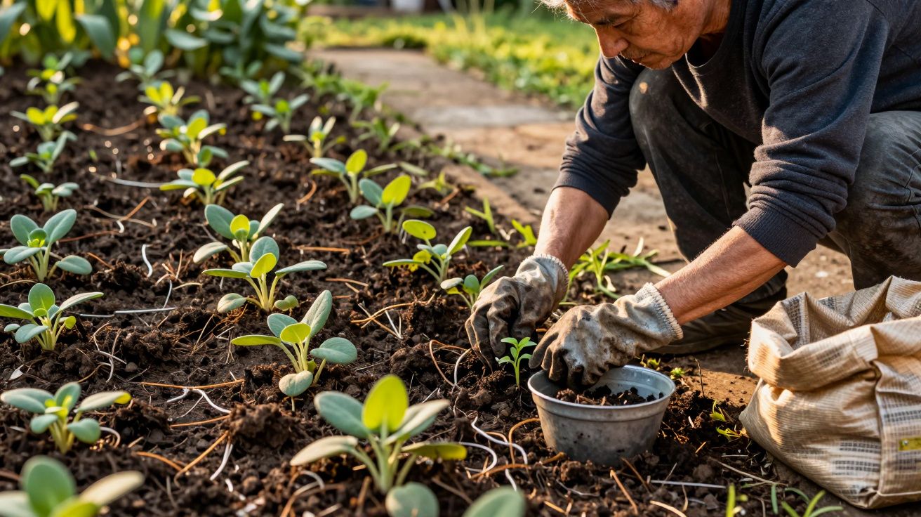 Pessoa a plantar mudas num jardim, com terra e recipiente ao lado, durante a luz do dia.