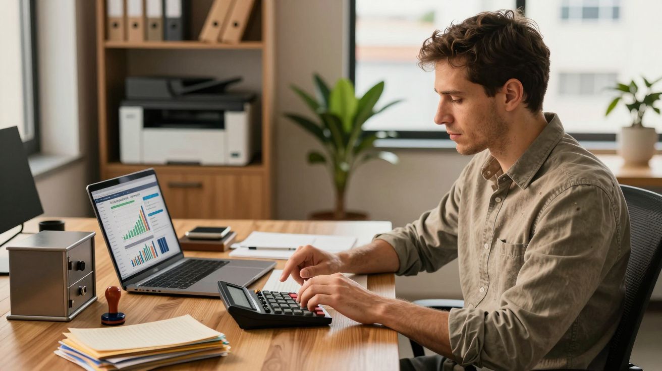 Homem a trabalhar no escritório, usando calculadora e portátil com gráficos financeiros. Ambiente de trabalho moderno e organ