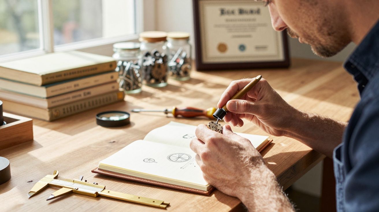 Homem mexe em peça de relógio numa bancada de trabalho. Livros, frascos e compassos ao redor.