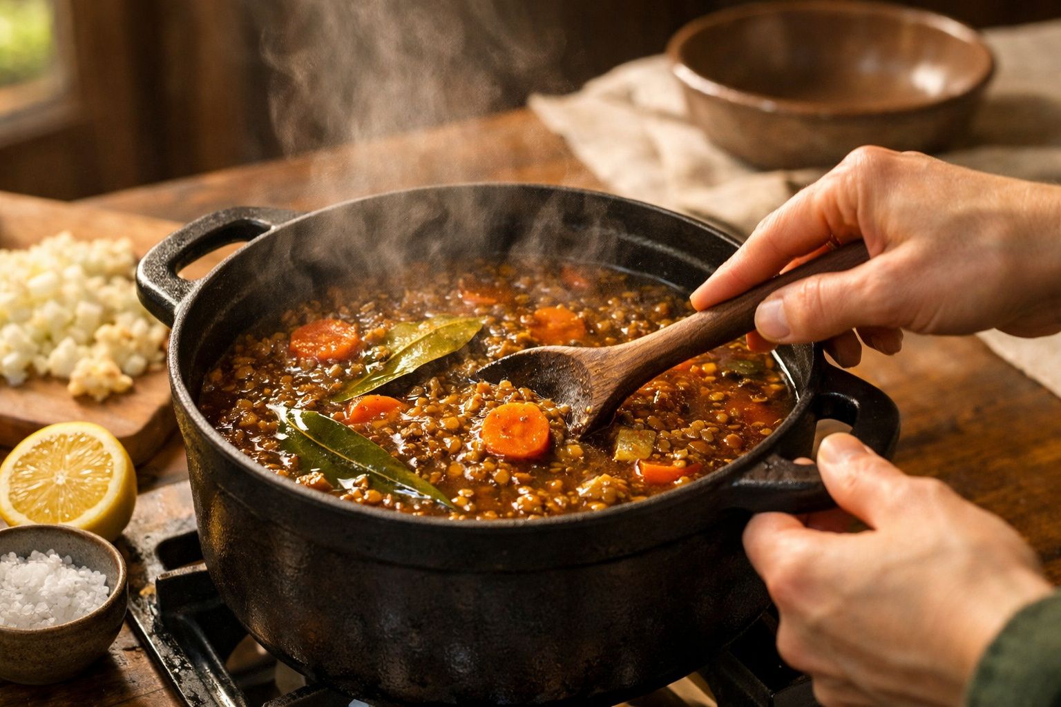 Pessoa mexendo guisado de lentilhas e legumes numa panela sobre fogão, com pão e queijo ao lado.