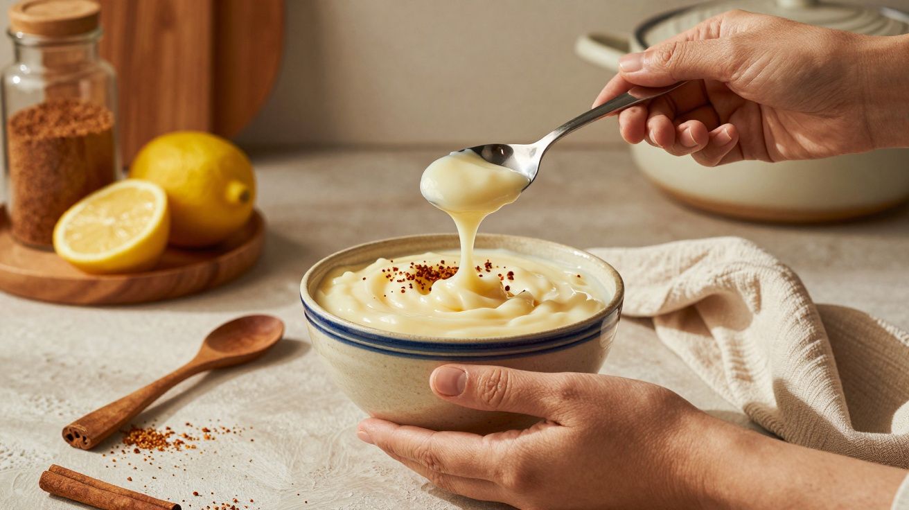 Pessoa segurando tigela de creme polvilhado com canela; limão, canela e colher de madeira ao lado.
