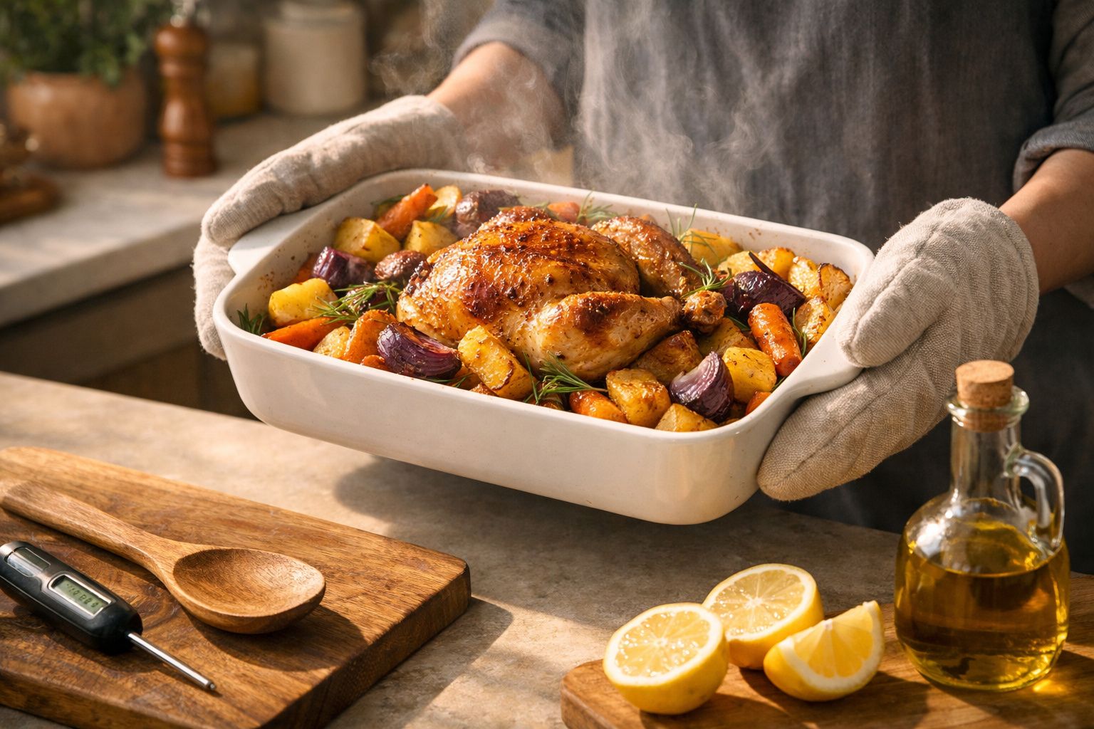 Mãos segurando travessa com frango assado, batatas e cenouras. Limões e caderno ao lado na bancada de cozinha.