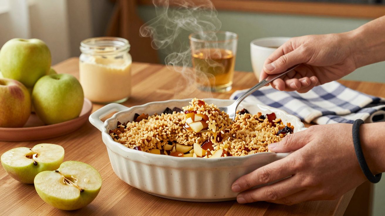 Mãos servindo crumble de maçã quente numa travessa, com maçãs frescas e copo ao fundo sobre a mesa de madeira.